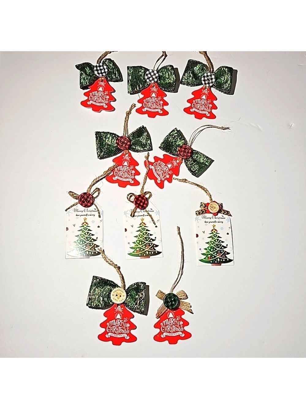 Hand Crafted handmade gifts tags Set of 10 Green bow red X-mas tree plaid button